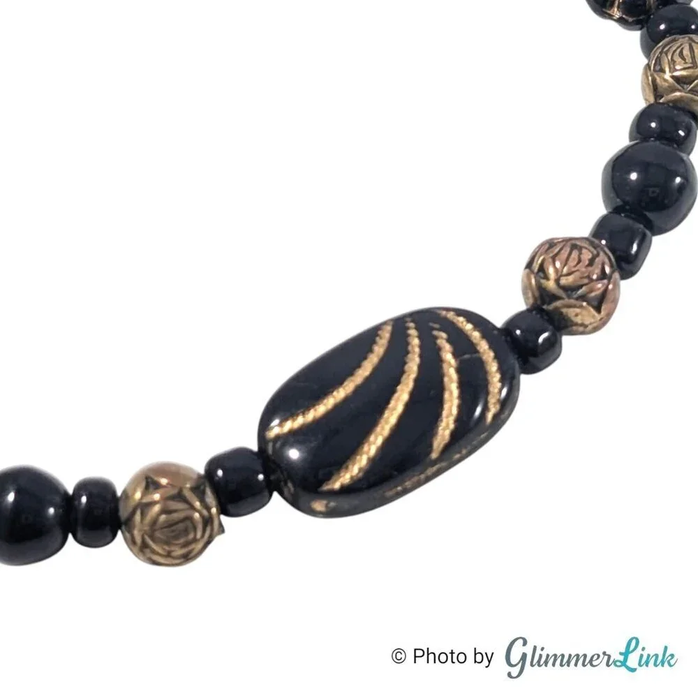 Vintage Black Gold Tone Beaded Bracelet Tulip and Rose Beads